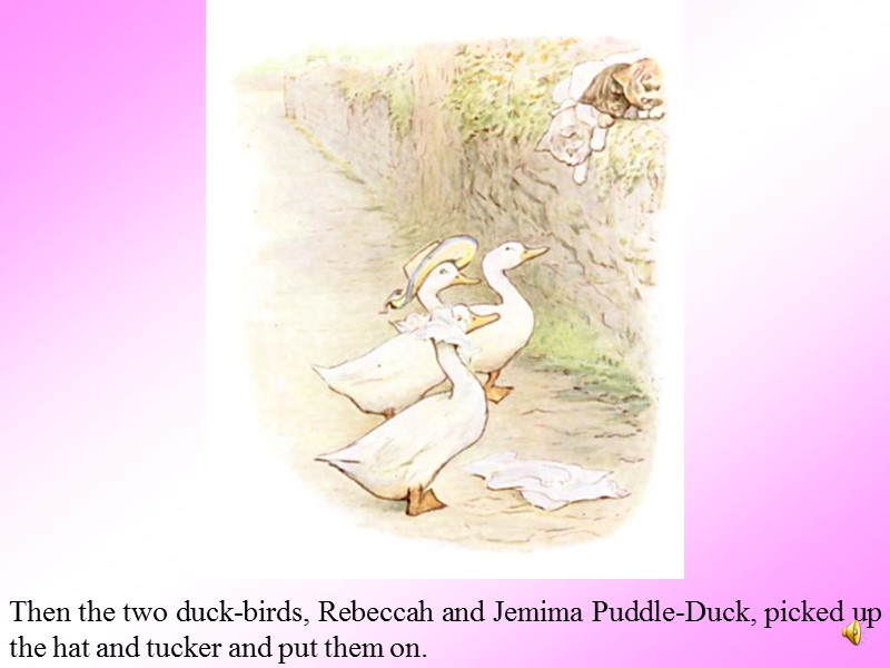 Then the two duck-birds, Rebeccah and Jemima Puddle-Duck, picked up the hat and tucker